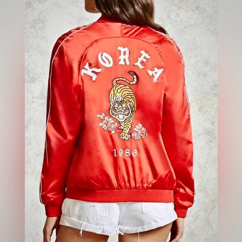 Forever 21 Red Satin Bomber Jacket w/ Korea Tiger 1986 Embroidered Back Size M